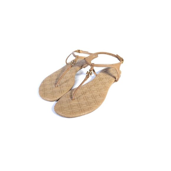 Tory Burch Sandals T-strap Flats Nude Leather Womens Size 7 - Picture 2 of 9